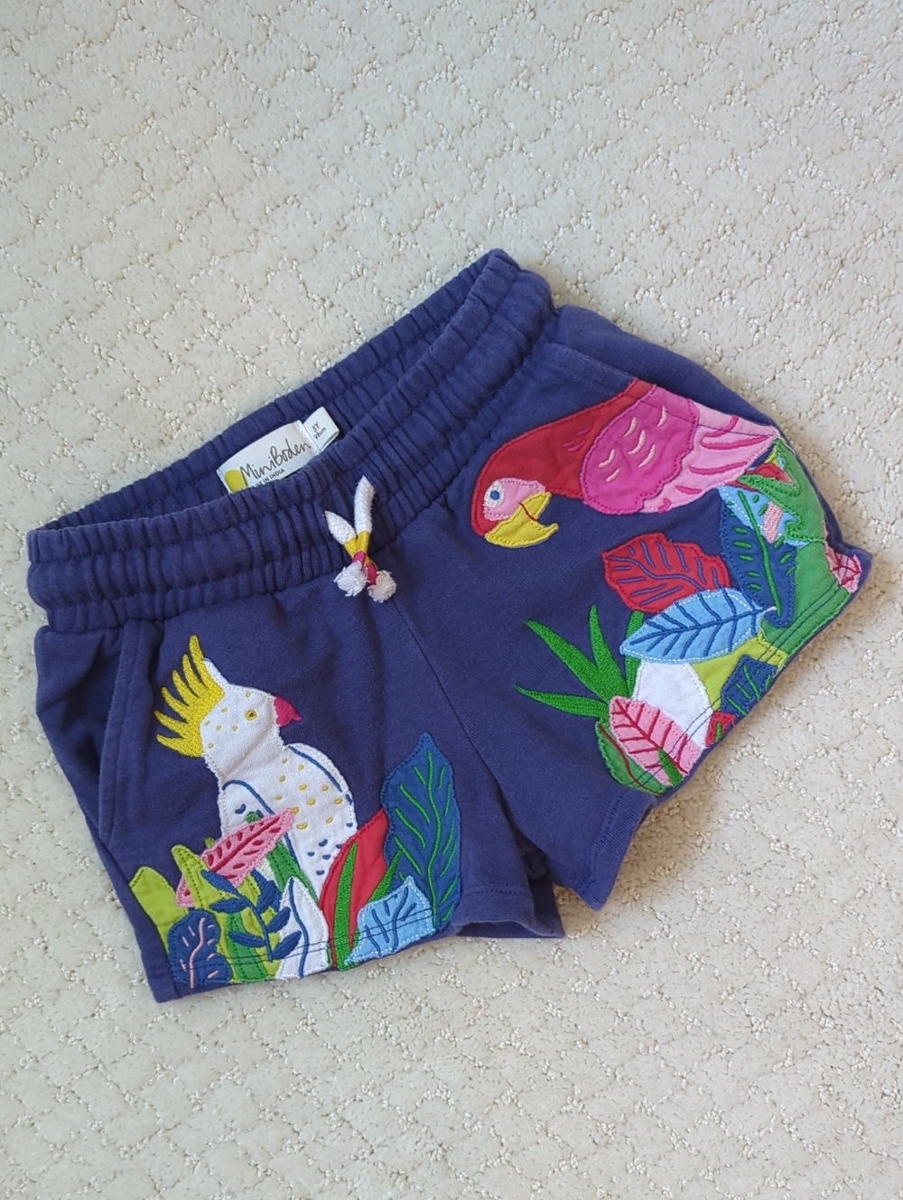 Mini Boden Navy Embroidered Parrot & Cockatoo Shorts
